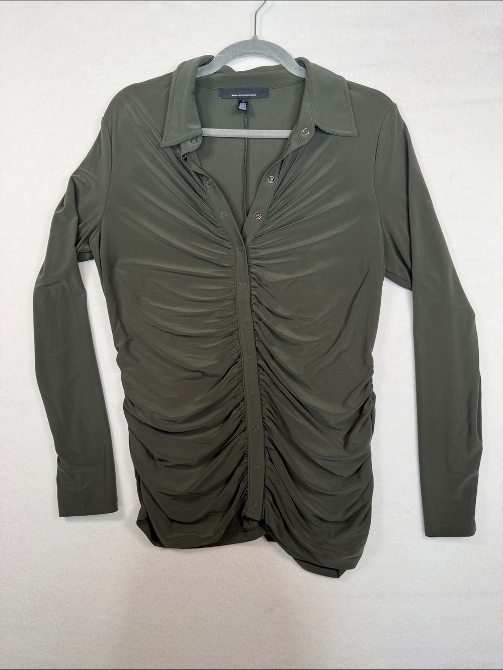 White House Black Market Olive Ruched Button-Down Long Sleeve Shirt